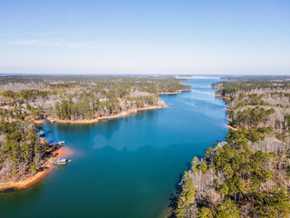 Obraz premium Aerial landscape Clarks Hill Lake in winter after Hurricane Helene in Appling Augusta Georgia