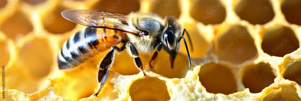 Poster close-up of a honeybee collecting nectar on honeycomb with detailed hexagon pattern and golden cells