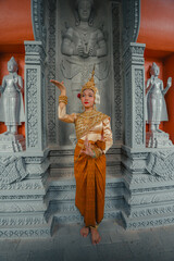 Traditional Khmer apsara dancers perform at a pagoda in Tra Vinh province, Vietnam