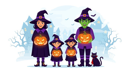 Halloween Family Portrait: A family, costumed as witches, holds glowing jack-o'-lanterns against the backdrop of a spooky mansion, perfectly embodying the Halloween spirit.