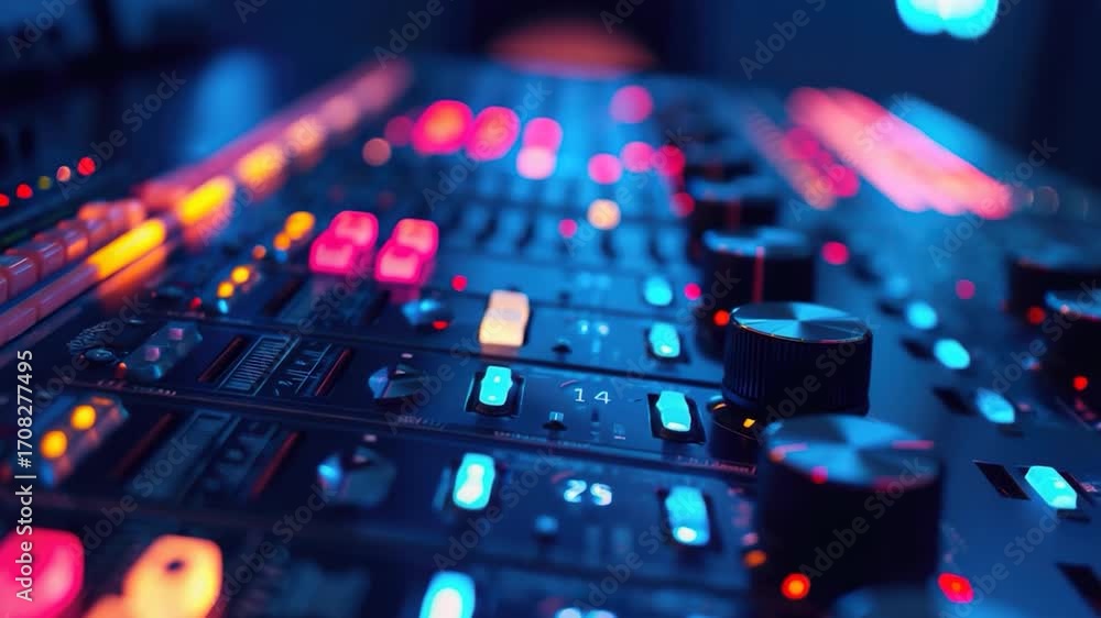 Poster A close-up view of a sound board with colorful lights indicating audio signal activity