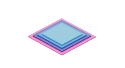 A captivating isometric 3D rendering showcases a minimalist stack of pastel blue and pink geometric square layers, creating a modern abstract design with depth and symmetry.