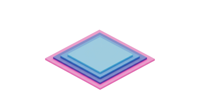A captivating isometric 3D rendering showcases a minimalist stack of pastel blue and pink geometric square layers, creating a modern abstract design with depth and symmetry.