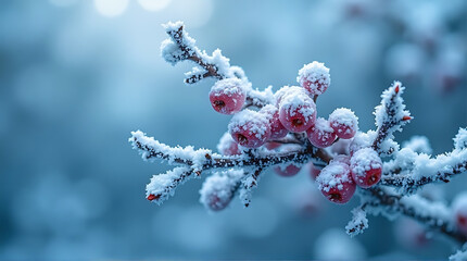 Frozen berries on a branch with a soft blue background creating a winter scene image
