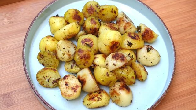 Ghee roasted cumin potato or jeera aloo ki sabji served in a plate. Navratri vrat, hindu upvas or fasting item.