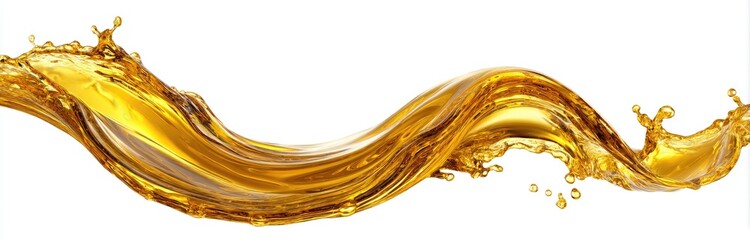 Golden liquid splash, flowing in a smooth, curved arc against a pure white background