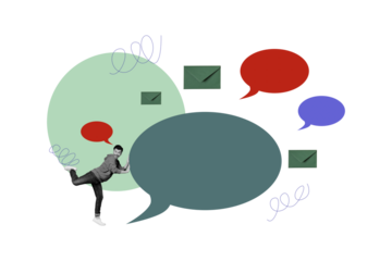 Composite photo collage of happy man push text box notification correspondence bubble speech envelope mail isolated on painted background