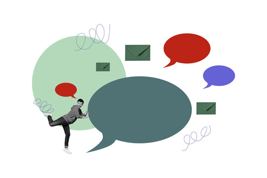 Composite photo collage of happy man push text box notification correspondence bubble speech envelope mail isolated on painted background