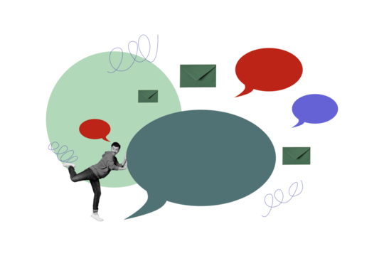 Composite photo collage of happy man push text box notification correspondence bubble speech envelope mail isolated on painted background