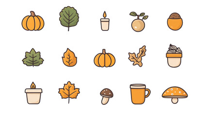 Colorful autumn illustration featuring pumpkins, leaves, candles, and cozy elements, capturing the essence of fall season and harvest celebration. Isolated on transparent background. PNG, cutout.