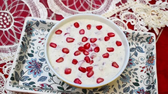 Anar ka raita or pomegranate with curd served in a bowl with beautiful flower tray in red festival background. Navratri or other Vrat food item.