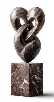 Abstract stone sculpture of intertwined hearts on a cube pedestal