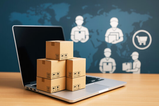 Online retail and delivery concept with boxes on a laptop and customer icons e-commerce shipping