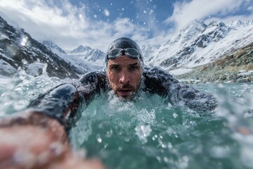 Swimmer wearing wetsuit swimming in icy cold water surrounded by snowy mountains, extreme endurance training in freezing winter environment.