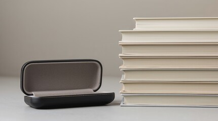 glasses case open beside book stack