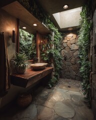 A rustic bathroom with a natural stone shower and wooden vanity.