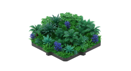 A meticulously arranged miniature square garden featuring lush green tropical foliage and vibrant purple-blue blossoms, isolated on a clean white background.