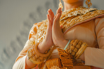 Khmer apsara traditional dance performer hand gesture at a pagoda in Tra Vinh province, Vietnam