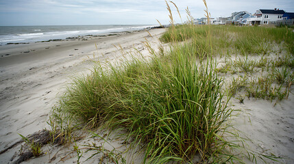View of a sand dune with a strip of grass the baltic sea and the sky
