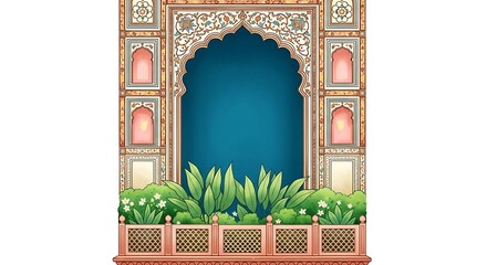 Traditional Mughal garden scene in Pichwai style featuring peacock and arches, designed for wallpaper