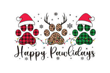 Happy Pawlidays Cute Dog Paw Prints with Santa Hats and Christmas Lights Sublimation Design
