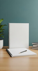 Organized Workspace with Blank Notebooks, Pen, Plant, and Stack of Books