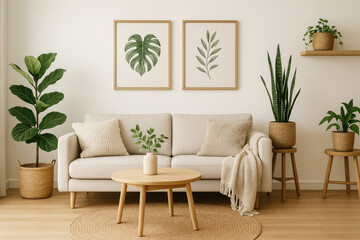Scandinavian living room with monstera and snake plant decor sofa coffee table