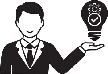 Silhouette of a man in a suit presenting a lightbulb with gears and a checkmark person