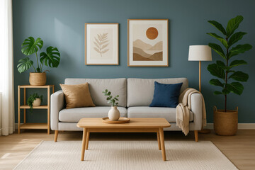 Serene living room with grey sofa, plants, and nature-inspired artwork interior design couch