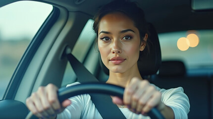 Confident young woman driving a car. Happy brunette driving a car with a seat belt, independent lifestyle, conscious life, modern travel