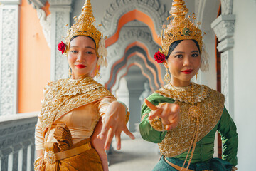 Traditional Khmer apsara dancers perform at a pagoda in Tra Vinh province, Vietnam