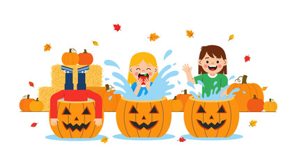 Halloween Carnival Fun: A cartoon depicts children playfully engaged in a festive halloween carnival with water and pumpkin, highlighting the energy of a celebration.