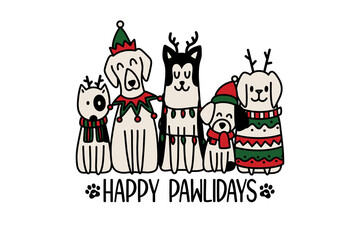 Happy Pawlidays illustration with cute doodle dogs wearing Christmas sweaters Sublimation Design