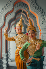 Traditional Khmer apsara dancers perform at a pagoda in Tra Vinh province, Vietnam