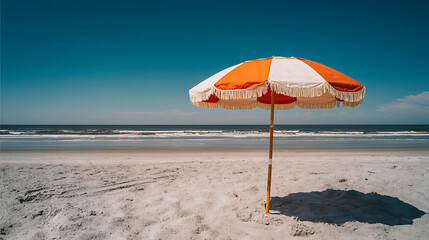 the orange umbrella look like very beautiful on the beach