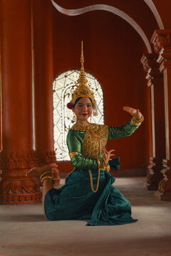 Traditional Khmer apsara dancers perform at a pagoda in Tra Vinh province, Vietnam