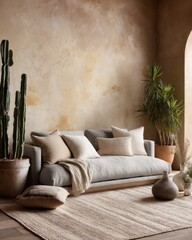 A light gray sectional sofa with neutral colored pillows and a woven rug in a living room with a textured beige wall.