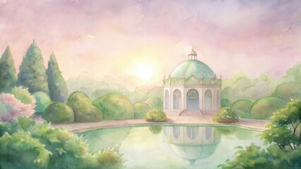 Serene garden oasis at sunrise peaceful pond reflections elegant gazebo