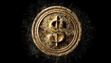 Golden dollar coin explodes in a flurry of gold dust on a black background.  