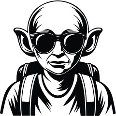 Bald man with prominent ears wears sunglasses and carries a backpack in black and white