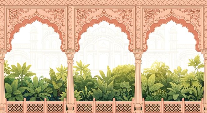 Traditional Mughal garden scene in Pichwai style featuring peacock and arches, designed for wallpaper - Powered by Adobe