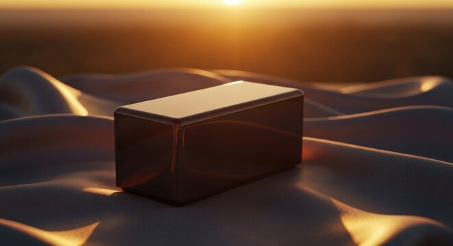 A dark, glossy rectangular prism sits on a swath of draped, flowing fabric at sunset
