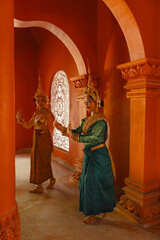 Traditional Khmer apsara dancers perform at a pagoda in Tra Vinh province, Vietnam
