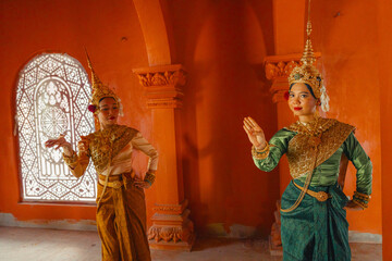 Traditional Khmer apsara dancers perform at a pagoda in Tra Vinh province, Vietnam