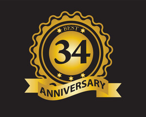 Naklejka premium 34th Anniversary Golden Badge. Best Anniversary Seal with Ribbon. Vector Illustration on Black Background