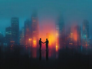 Fototapeta premium Silhouetted handshake atop a cityscape with luminous skyscrapers, dusk colors, dynamic energy