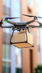 Innovative urban delivery concept showcasing a drone transporting a package in city apartment area.