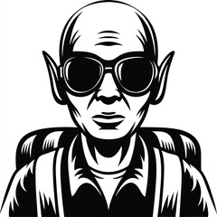 A serious bald man wears sunglasses and a backpack in monochrome lines