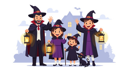 Halloween Fun: A family dressed in classic Halloween costumes, including witches, embracing the spooky spirit, and enjoying a festive holiday.