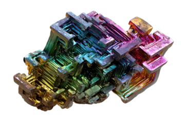 Bismuth crystal, gemstone, gem, mineral specimen PNG white background isolated graphic resource cutout. Lapidary, healing, geology, rockhounding, collecting, rainbow, colorful